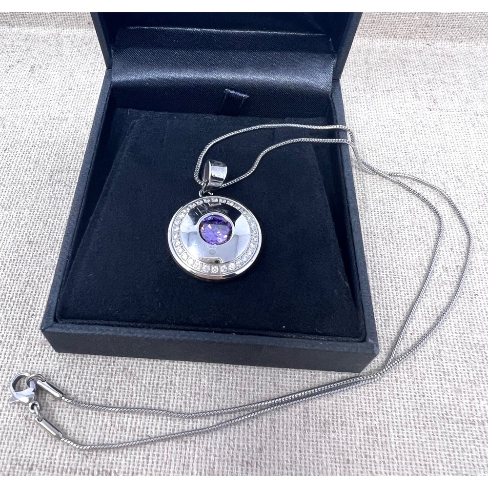 Inox Stainless Steel Purple Crystal Medallion Pendant Necklace Silver Tone